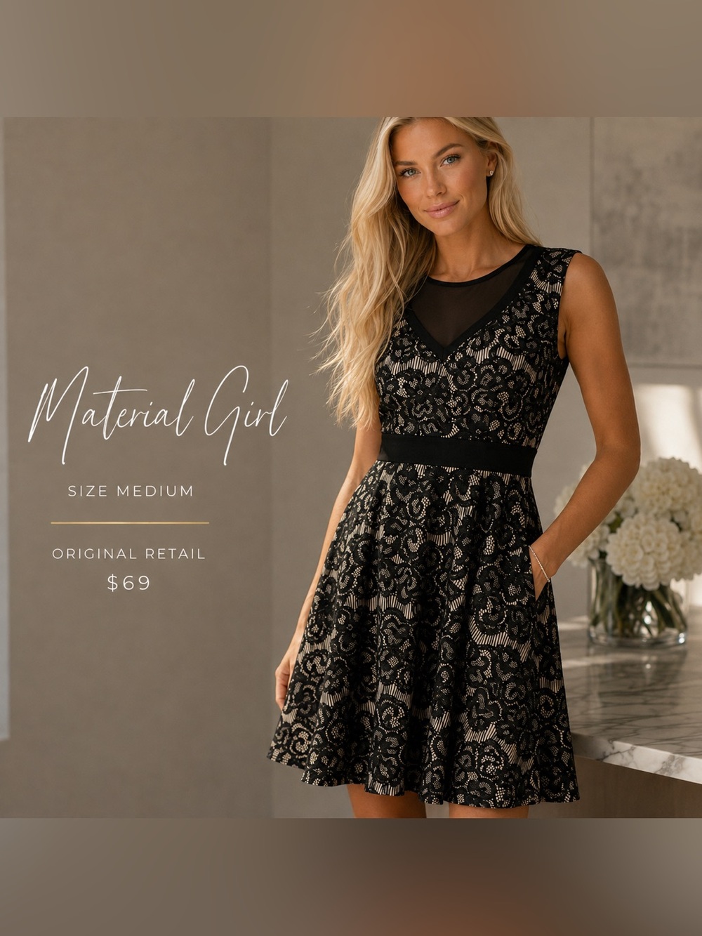 Material Girl Black Lace A-Line Dress with Sheer Yoke